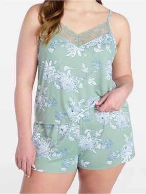Floral Lace-Trim Cami & Short Pajama Set - Sage Green